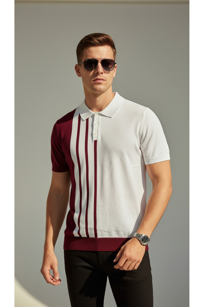 Digz fashion تي شيرت تريكو بياقة بولو بأزرار باللونين الأبيض والأحمر الداكن م...