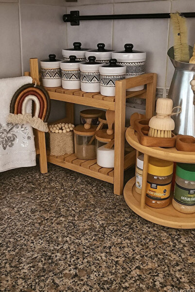 Moola Naturel Ahşap 2 Katlı Mutfak Rafı, Tezgah Üstü Düzenleyici Organizer, Ahşap Baharatlık