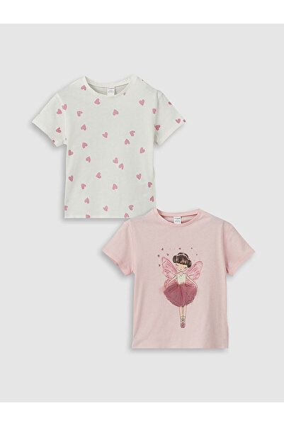 LC Waikiki LCW Kids Pink Crew Neck Bedrucktes Mädchen-T-Shirt im 2er-Pack