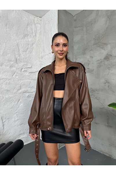 Elif Özbey Butik Brown Belt Detailed Leather Jacket