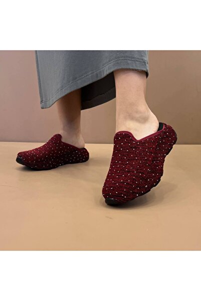 Craftique Burgundy Shiny Stone Detailed Closed Toe Women's Slippers Comfortable Thick Soled Stylish Daily Model