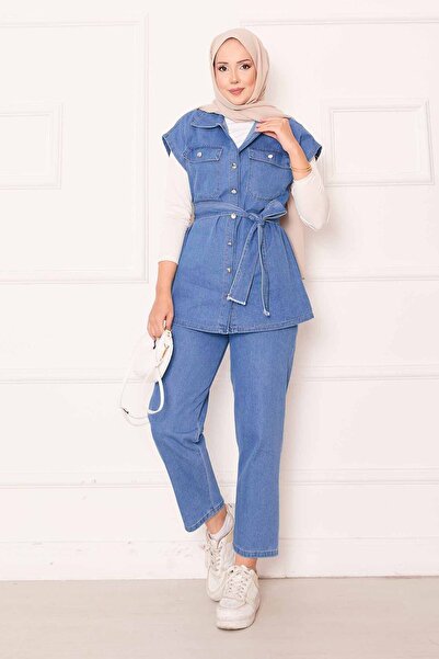 EBRUTESETTÜR Pocket Detailed Mobile Belted Denim Vest Suit