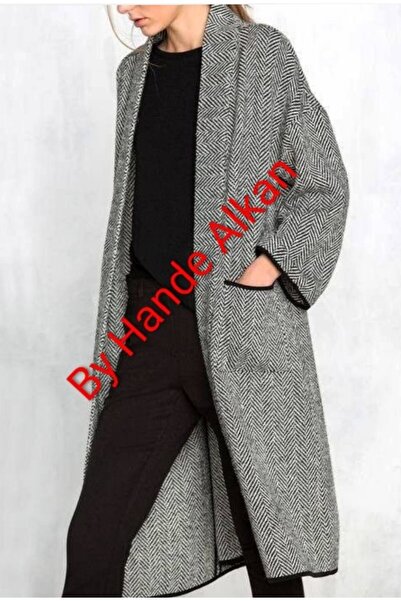 By Hande Alkan Women's Plus Size Black Herringbone Tweed Coat