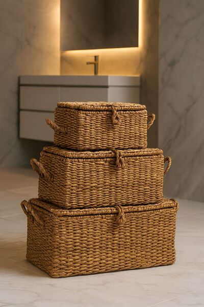 ENYAZA(2024) Hasır Dokuma 3lü Çok Amaçlı Hasır Düzenleyici/Organizer/Sepet/Ba...