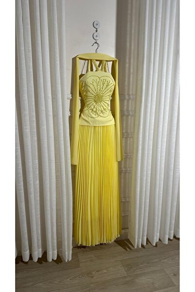 EVENTTANA فستان ايفنتانا ليموني صدر باربي مطرز بلول +تنورة شيفون