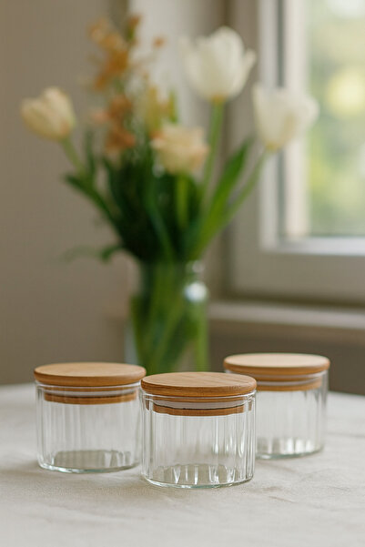 ZURİ DESİGN Airtight 3-Piece Striped Glass Breakfast Vacuum Lid Jar Set - 365 ml