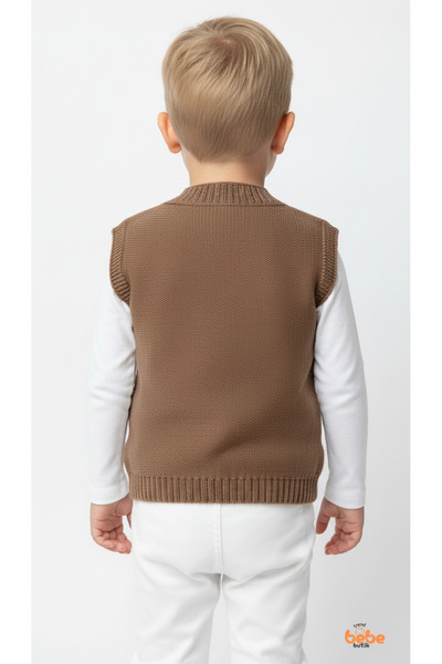 Trend Bebe Butik Erkek Çocuk Kahverengi Örgü Yelek Düğmeli Cep Detaylı Triko Süveter Rahat Günlük Şık Yelek