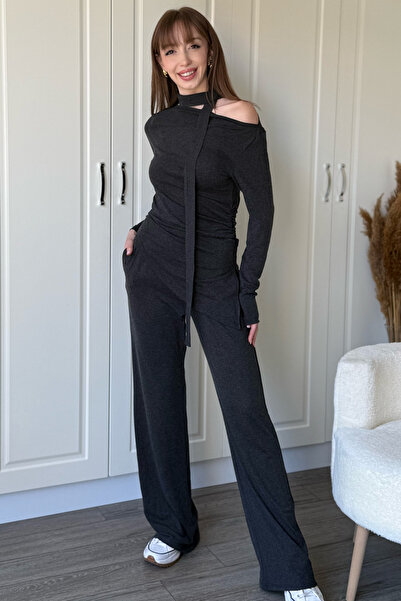 Dilay Gökoğlu Butik Asymmetrical Collar Scarf Anthracite Set