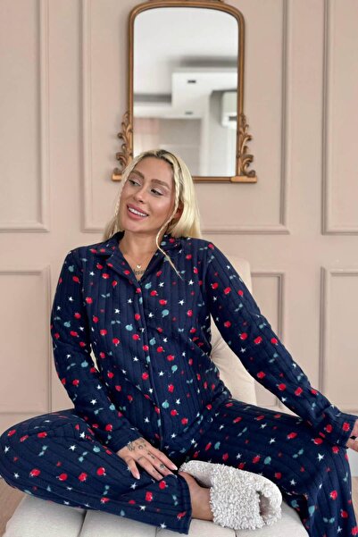 Pijamaevi Navy Blue Star Patterned Front Buttoned Plush Fleece Pajama Set