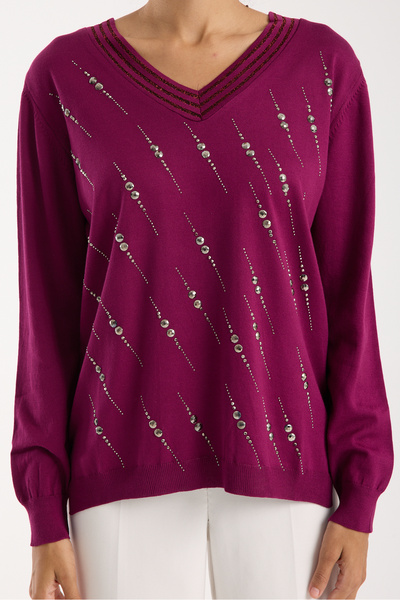 Clothes Fast Women's Plum Elite Viscose Fabric Stone Detailed Sequin Trim Side Slit V-Neck Knitwear Blouse