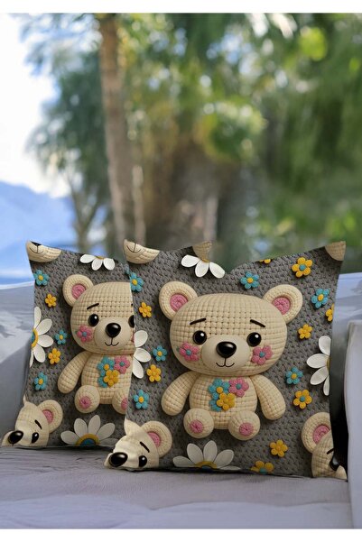 Sakallı Сірий милий ведмедик Дитяча кімната Тематичний цифровий друк Декоративний 2-комплектний чохол для подушки