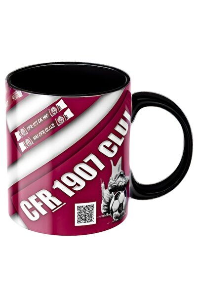 T&M Personalizare Cană personalizată - CFR Cluj, fotbal, cu cod QR pentru imn, suporter, neagră, ceramică, 330 ml, v