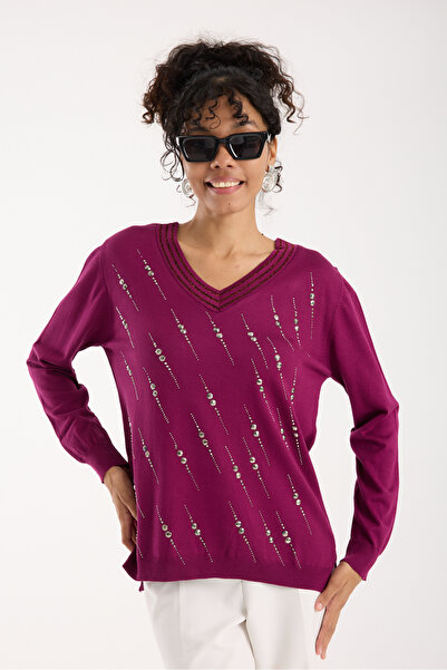 Clothes Fast Women's Plum Elite Viscose Fabric Stone Detailed Sequin Trim Side Slit V-Neck Knitwear Blouse