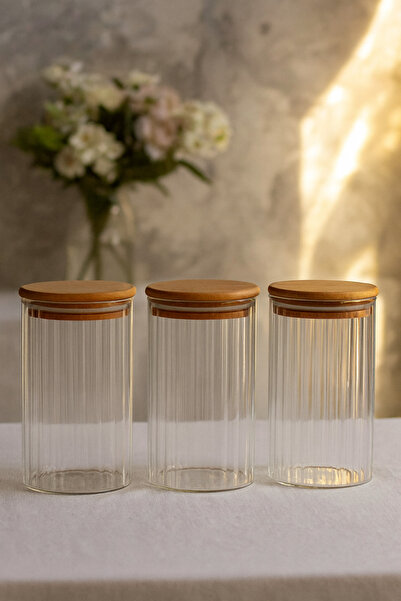 ZURİ DESİGN Airtight 3-Piece Striped Glass Breakfast Vacuum Lid Jar Set - 850 ml