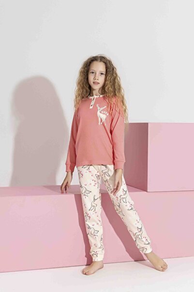 Tarık Mother-Daughter Combination Long Sleeve Deer Patterned Interlock Family Matching Pajama Set-3214