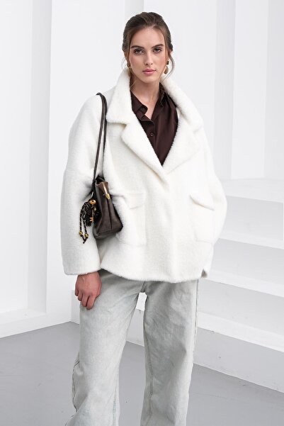 Olcay Jachetă casual cu aspect angora ALB 8279