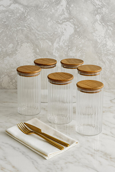 ZURİ DESİGN Airtight 6-Piece Striped Glass Breakfast Vacuum Lid Jar Set - 1095 ml