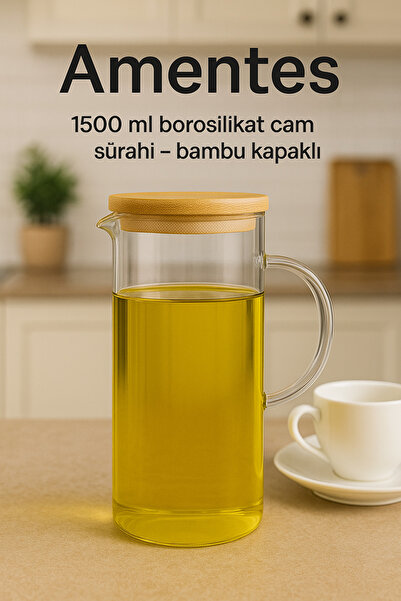 Amentes Bambu Kapaklı Pinterest Vakumlu Borosilikat Cam Yağlık Sirkelik Sütlük 1500 ml