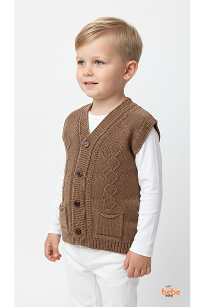 Trend Bebe Butik Erkek Çocuk Kahverengi Örgü Yelek Düğmeli Cep Detaylı Triko Süveter Rahat Günlük Şık Yelek