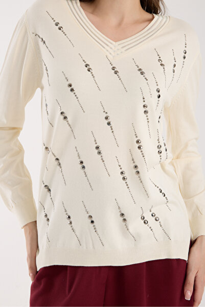 Clothes Fast Women's Ecru Elite Viscose Fabric Stone Detailed Sequin Trim Side Slit V-Neck Knitwear Blouse