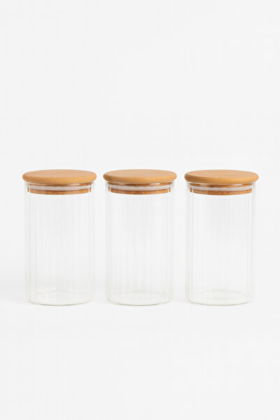 ZURİ DESİGN Airtight 3-Piece Striped Glass Breakfast Vacuum Lid Jar Set - 850 ml