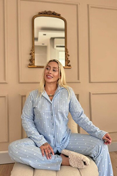 Pijamaevi Mavi Dotted Desenli Önden Düğmeli Peluş Polar Pijama Takımı
