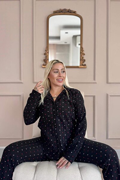 Pijamaevi Anthracite Heart Patterned Buttoned Front Plush Fleece Pajama Set