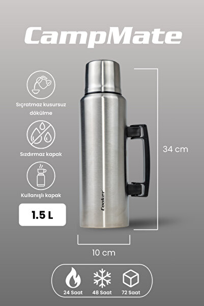 Cooker CKR2084 1.5 Litre Çift Katlı Termos Gümüş 24 Saat Sıcak, 48 Saat Soğuk, 72 Saat Buzlu Kamp Seyahat