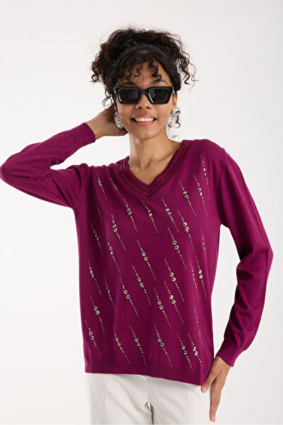 Clothes Fast Women's Plum Elite Viscose Fabric Stone Detailed Sequin Trim Side Slit V-Neck Knitwear Blouse