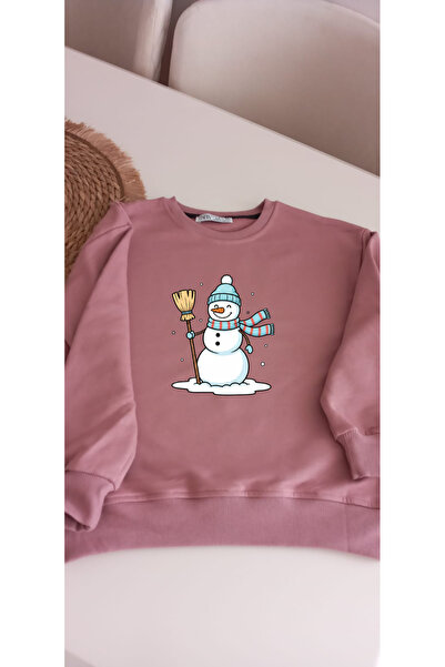Kız Çocuklar İçin Kardan Adam Baskılı Pudra Rengi Sweatshirt