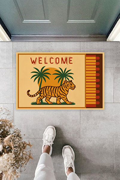 Dormot Modern Digital Printing Welcome Written Tiger Patterned Door Front Mat – Non-Slip, Decorative, 70X45 cm