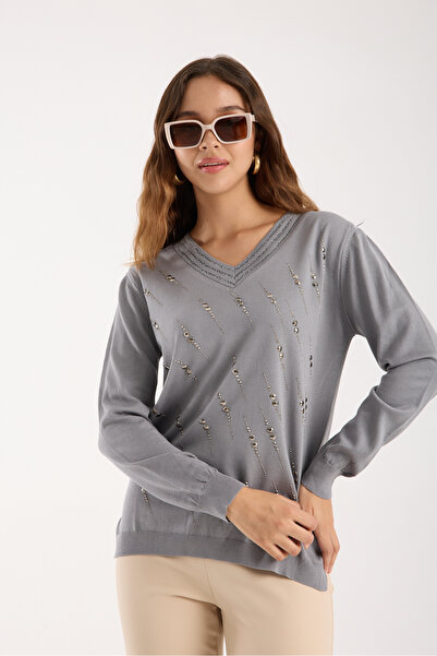 Moda Days Women's Gray Elite Viscose Fabric Stone Detailed Sequin Trim Side Slit V-Neck Knitwear Blouse