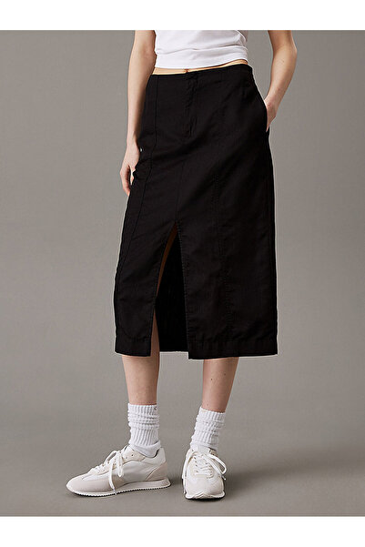 Calvin Klein تنورة نسائية متوسطة الطول من الكتان الناعم