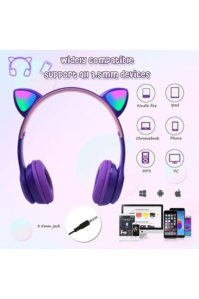 fluffy Căști wireless copii cu urechi de pisică, Bluetooth 5.0, handsfree, Hifi, stereo cu bas, LED, TF, PU