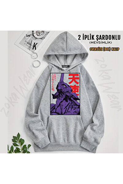 ZOKAWEAR Hanorac cu glugă cu imprimeu cu personaje din anime Neon Genesis Eva...