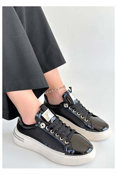 FRESCO SCARFS Black Patent Leather Parachute Detailed Lace-Up Sneakers 265601