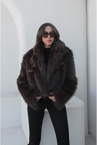 Havoş Hořkohnědá krátká bunda z umělé kožešiny