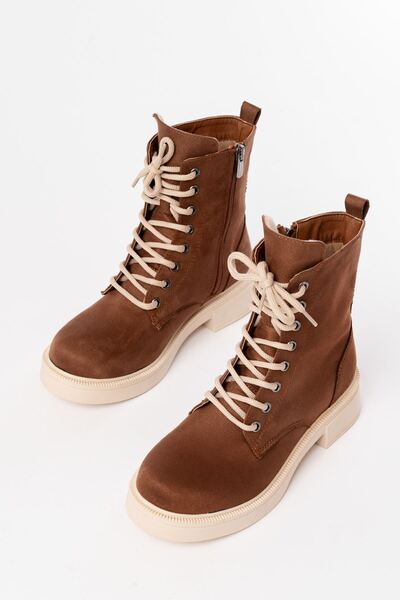 Rainon Store Elegant Steps, All-Day Comfort - 02-356 Tan Suede Flat Heel Lace-Up Zipper Boots