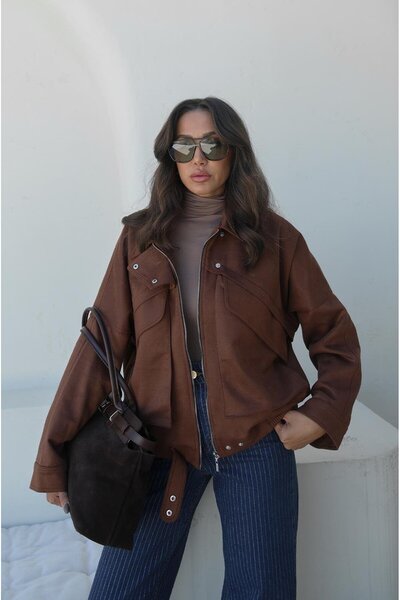 Havoş Καφέ σουέτ μπουφάν με λεπτομέρεια τσέπης