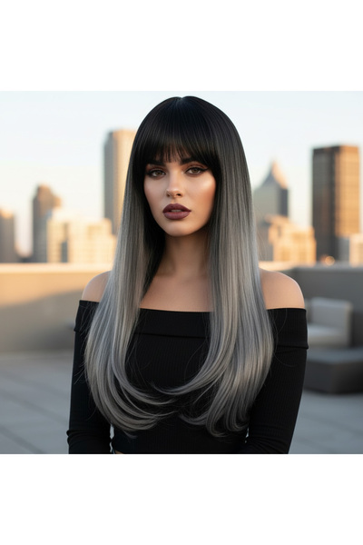Bucuks Fiber Sen Long Straight Wig with Bangs / Black Gray Ombre