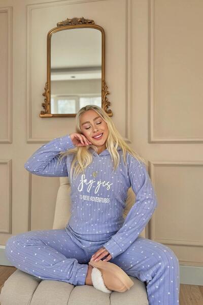 Pijamaevi Mavi Yes Desenli Kapşonlu Peluş Polar Pijama Takımı