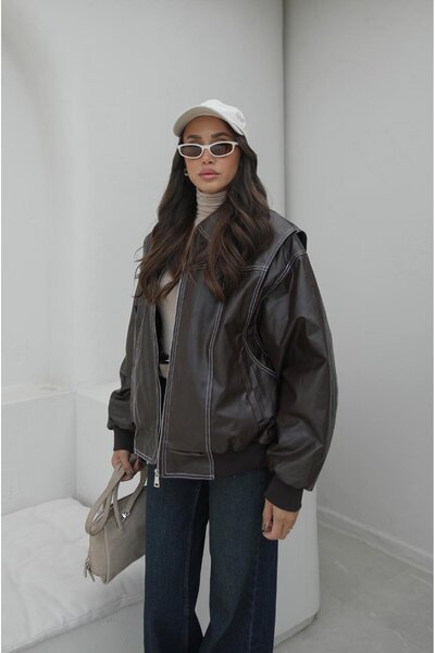 Havoş Brown Stitched Detailed Lined Leather Jacket