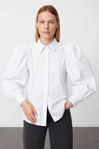 Femaura Gömlek - FM019 Model Taş detaylı Balon Kol Kadın Gömleği.