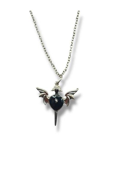 Herşey Nota Wings and Sword Black Heart Figured Unisex Necklace – Powerful, G...
