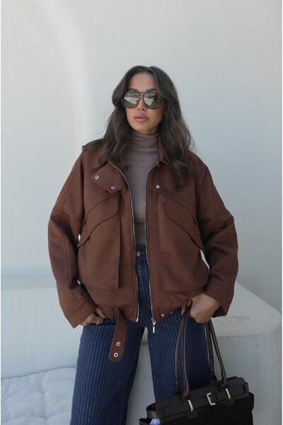 Havoş Καφέ σουέτ μπουφάν με λεπτομέρεια τσέπης