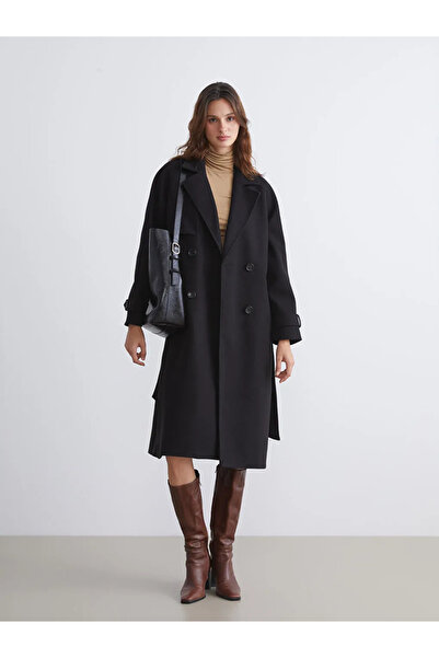 LC Waikiki Lcw Vision Black Jacket Collar Oversize Women's Stamp Coat