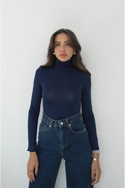 Havoş Navy Blue High Neck Transparent Blouse