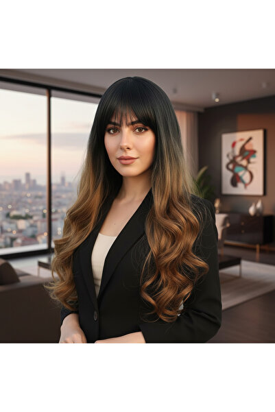 Generic Brand شعر مستعار طويل من الألياف مع غرة / أسود / كراميل أومبري