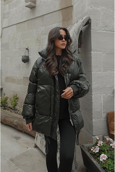 Havoş معطف كاكي منفوخ بسحاب أمامي وأزرار كبس