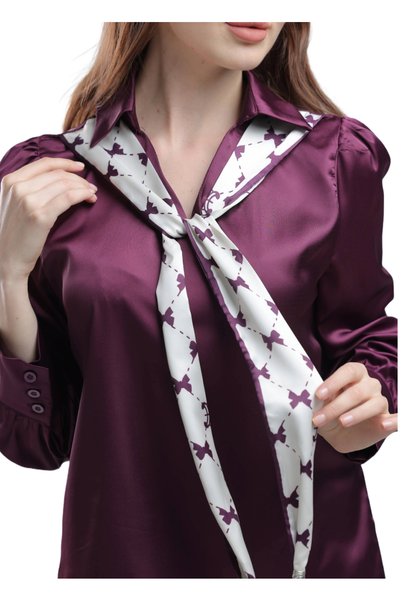 SUGA Women's Satin Long Sleeve Blouse with Neck Belt